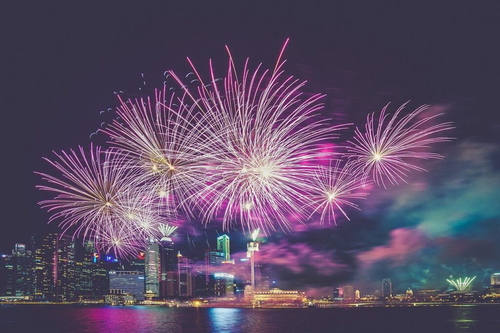fireworks, purple, city